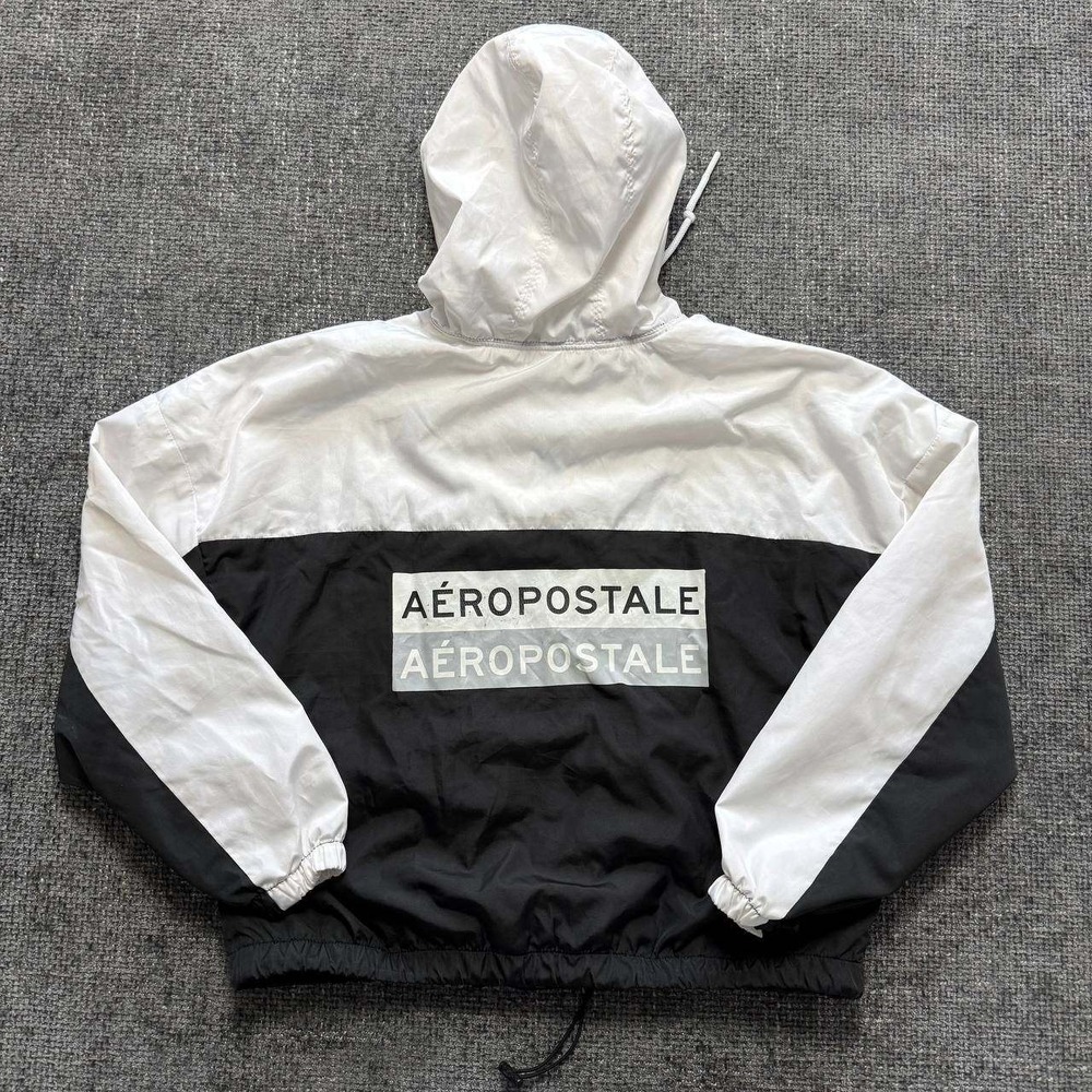 Aeropostale Windbreaker Women XS Black White Colorblock Hooded Logo Jacket